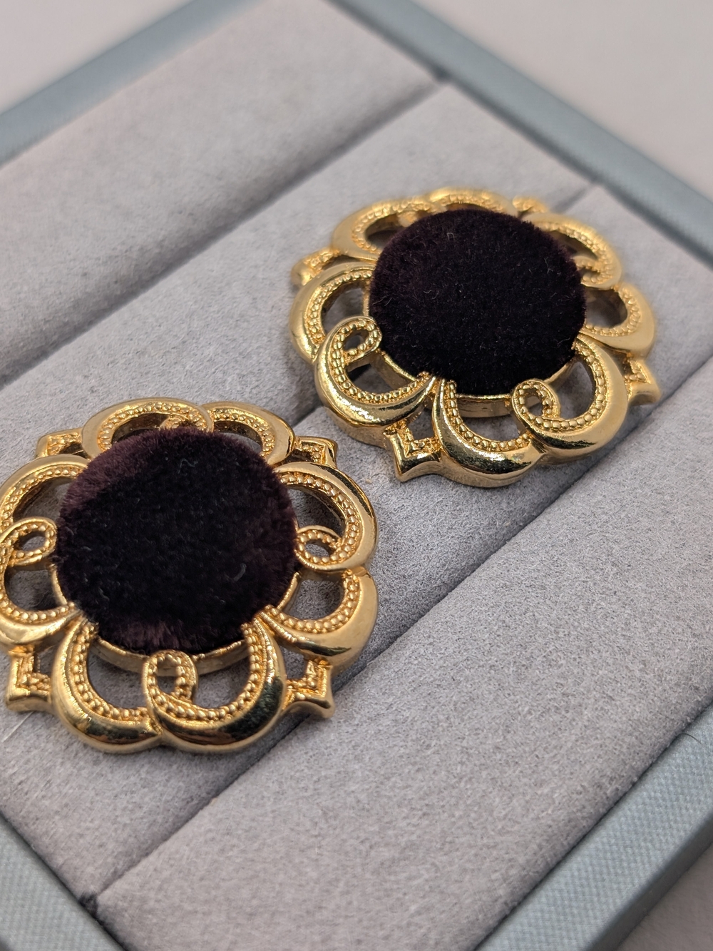 Gold Floral Clip-On Earrings with Dark Brown Velvet Center